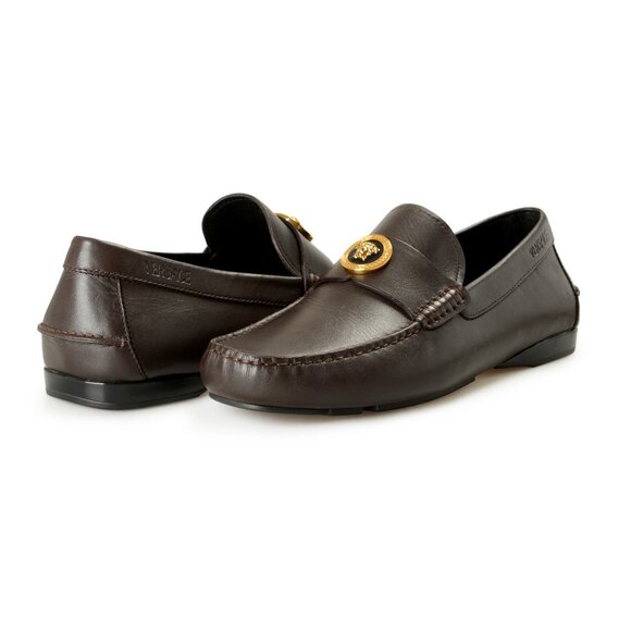 Versace Men\'s Brown 100% Leather Gold Medusa Car Shoes Loafers Shoes US 9 IT 42 main image 5